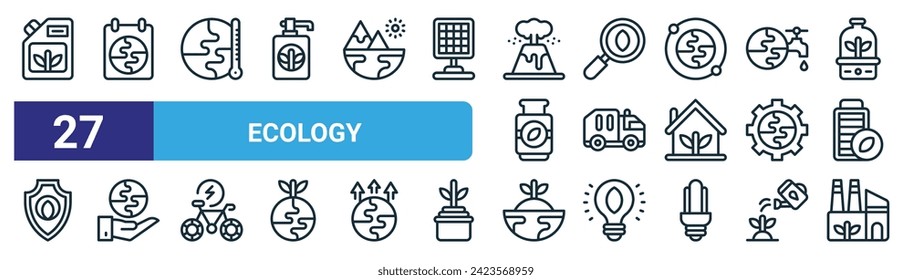 conjunto de 27 íconos de ecología web de contorno como ecocombustible, día de la tierra, cambio climático, investigación, camión de basura, salvar el planeta, ecología, iconos de línea delgada de vector de factoría ecológica para diseño web, aplicación móvil.