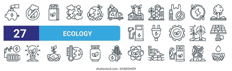 set of 27 outline web ecology icons such as energy saving, no emission, eco bag, green city, power plug, eco light, science, water saving vector thin line icons for web design, mobile app.