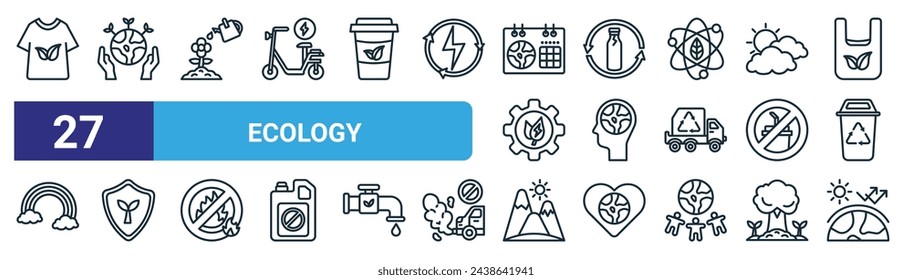 set of 27 outline web ecology icons such as tshirt, earth, watering plants, glass bottle, think eco, protection, mountains, warming vector thin line icons for web design, mobile app.
