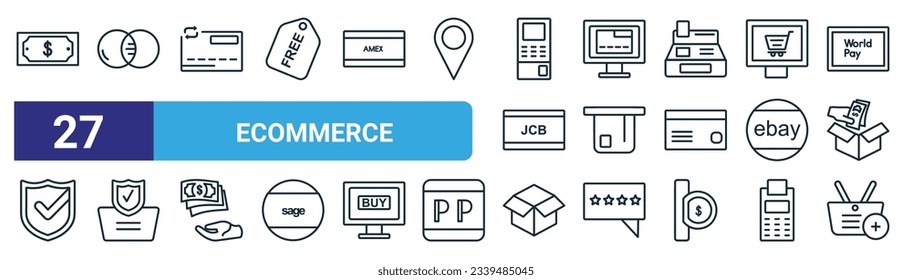 set of 27 outline web ecommerce icons such as dollar bill,  , wirecard, web payment, insert card, secure shopping, product, buy vector thin line icons for web design, mobile app.