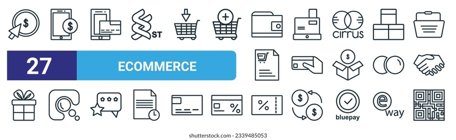 conjunto de 27 iconos de esquema de ecommerce web como pago por clic, pago móvil, método de pago, caja de cambios, pago, clickbank, cupón, qr código vectorial iconos de línea delgada para diseño web, aplicación móvil.