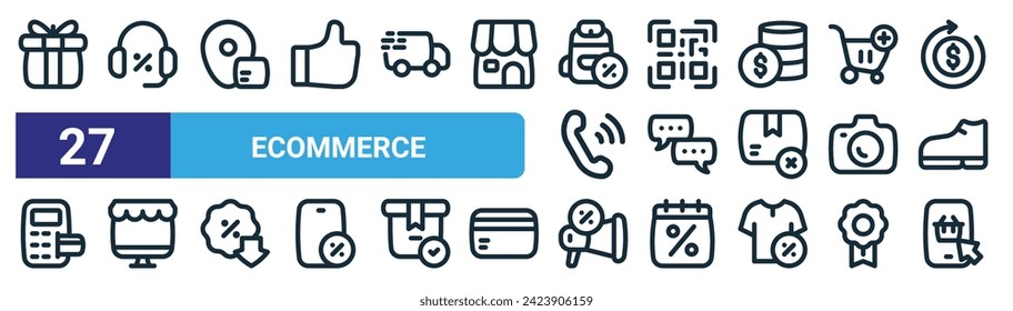 conjunto de 27 iconos de ecommerce web de contorno como caja de regalo, micrófono para auriculares, ubicación, qr, chat, tienda online, promoción, añadir iconos de línea delgada vectorial de carrito para diseño web, aplicación móvil.