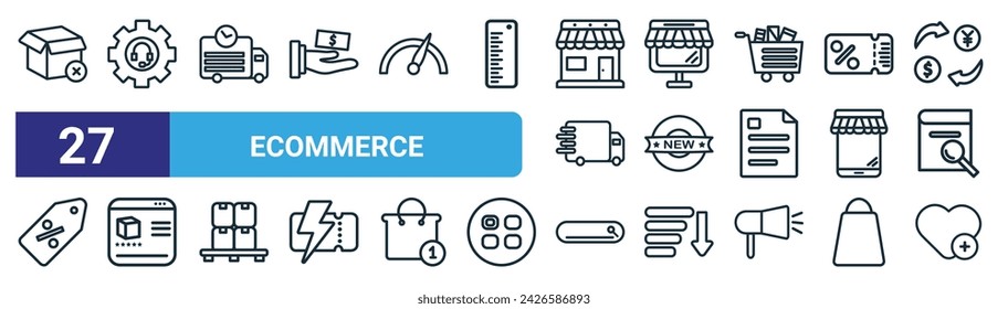 set of 27 outline web ecommerce icons such as out of stock, customer service, shipping, online store, new arrival, featured, search bar, wishlist vector thin line icons for web design, mobile app.