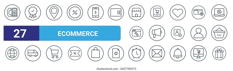 conjunto de 27 iconos de comercio electrónico web esquemáticos como libro de teléfono, calidad premium, ubicación, comercio electrónico, campaña de marketing, van cargo, reloj, vector de caja de regalo iconos de línea delgada para diseño web, aplicación móvil.