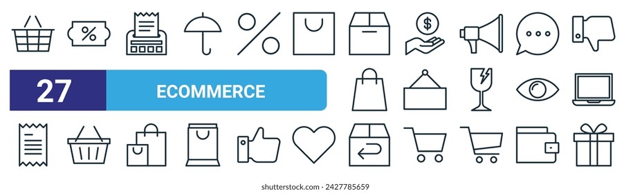 conjunto de 27 iconos de comercio electrónico web esquemático como cesta de la compra, vale, recibo, ahorro, etiqueta, cesta de la compra, devolución, vector de regalo iconos de línea delgada para diseño web, aplicación móvil.