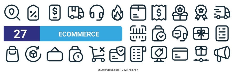 conjunto de 27 iconos de comercio electrónico web esquemático como seguimiento de pedidos, etiqueta de precio, pago en línea, factura, bolsa de compras, política de reembolso, lista de compras, iconos de línea delgada de vector de megáfono para diseño web, móvil