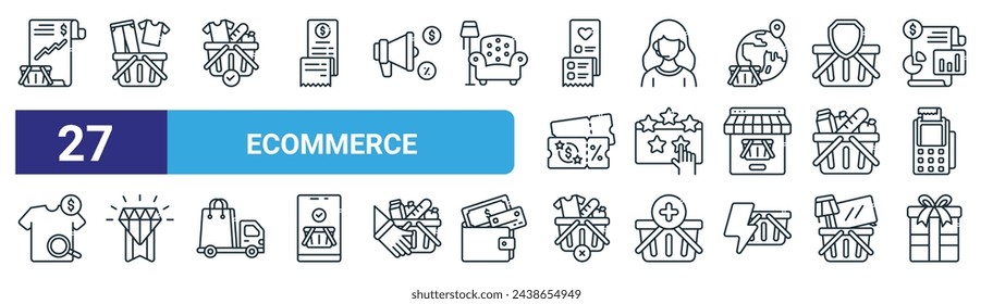 conjunto de 27 iconos de esquema de comercio electrónico web como informe de ventas, ropa, check out, servicio al cliente, calificación, medalla, cancelar, vector de regalo iconos de línea delgada para el diseño web, aplicación móvil.