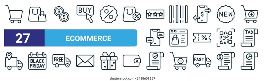 Set von 27 Outline-Web-E-Commerce-Icons wie Einkaufswagen, Einkaufstasche, Münze, Barcode-Scan, Online-Shopping, schwarzer Freitag, garantiert, Sale Report Vektor dünne Linie Icons für Web-Design, mobil