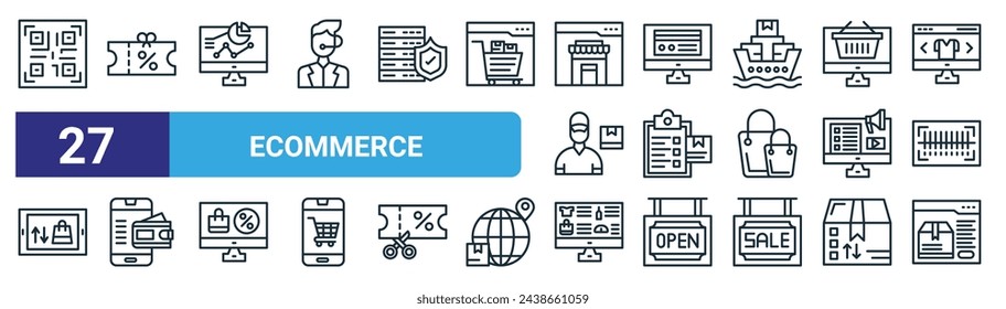 set of 27 outline web ecommerce icons such as qr code, voucher, pie chart, payment, list, ewallet, product, browsing vector thin line icons for web design, mobile app.