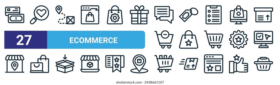 conjunto de 27 iconos de comercio electrónico web esquemático como método de pago, amor, ubicación, etiqueta de precio, bolsa, bolsas de compras, carrito de compras, vector de la cesta de la compra, iconos de línea delgada para diseño web, aplicación móvil.