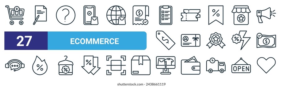 set of 27 outline web ecommerce icons such as cart, note, question mark, voucher, gift card, hot sale, ecommerce, love vector thin line icons for web design, mobile app.