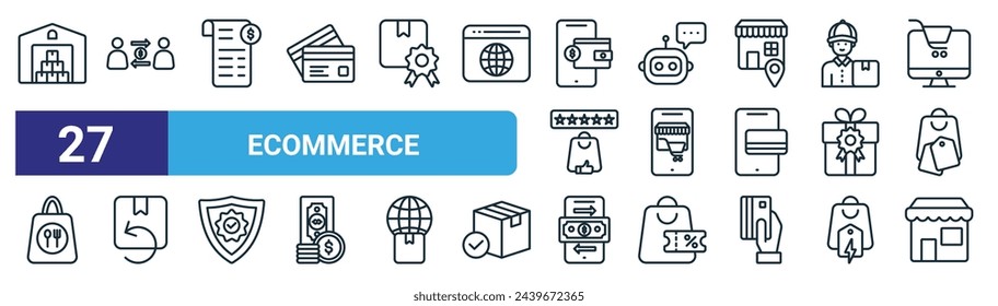 set of 27 outline web ecommerce icons such as warehouse, commercial, receipt, chatbot, online store, return box, money transfer, store vector thin line icons for web design, mobile app.