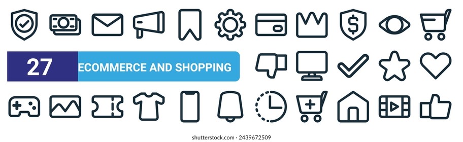 set of 27 outline web ecommerce and shopping icons such as protection, money, message, crown, monitor, images, history, like vector thin line icons for web design, mobile app.