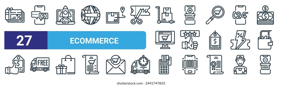 set of 27 outline web ecommerce icons such as gift card, chatting, startup, add cart, rating, delivery truck, edc, delete cart vector thin line icons for web design, mobile app.