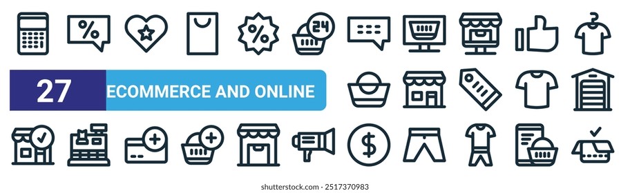 Set von 27 Umriss Web-E-Commerce und Online-Symbole wie Taschenrechner, Discount-Ballons, Preis, E-Commerce, Geschäft, Kassierer Rhein, Dollar, Kasse Vektor dünne Linie Symbole für Web-Design, mobile App.