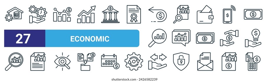 set of 27 outline web economic icons such as data warehouse, time management, losses, analytics, consulting, report, decision, budget vector thin line icons for web design, mobile app.