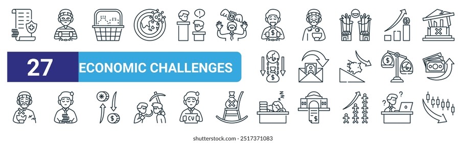 set of 27 outline web economic challenges icons such as health insurance, crime, scarcity, poverty, wage, economic crisis, lazy, cryptocurrency vector thin line icons for web design, mobile app.