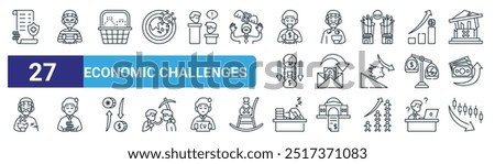 set of 27 outline web economic challenges icons such as health insurance, crime, scarcity, poverty, wage, economic crisis, lazy, cryptocurrency vector thin line icons for web design, mobile app.