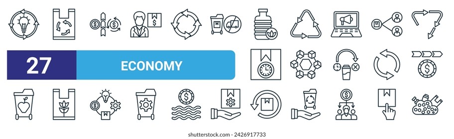 set of 27 outline web economy icons such as thinking, recyclable, circular economy, recycling, modular, eco bag, reverse logistic, landfill vector thin line icons for web design, mobile app.