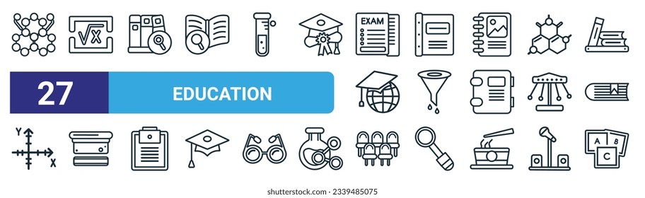 set of 27 outline web education icons such as chemical diagram, square root in class, stack of books and magnifier, notebook with bookmark, chemistry funnel, blackboard eraser, grandstand, baby abc