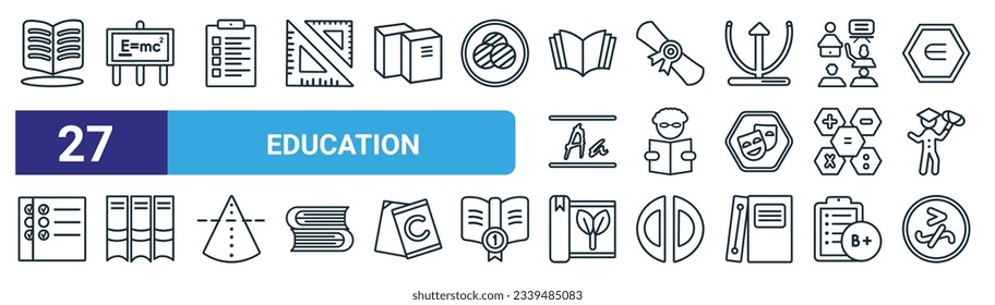 set of 27 outline web education icons such as opened, theory of relativity, as, folded certificate, man reading, books group of three from side view, eco book, greater but not equivalent vector thin