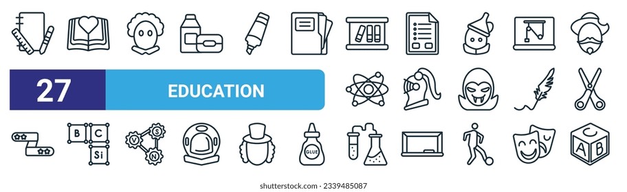 set of 27 outline web education icons such as school material, love, othello, exam, knight, periodic table, chemistry, abc vector thin line icons for web design, mobile app.