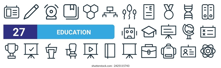 Set von 27 Outline Web-Bildung Symbole wie Zeit und Datum, Bleistiftfarbe, Bell Alarm, Prüfungsergebnisse, Graduierung, Präsentationen, Präsentationen, Atom Vektor dünne Linie Symbole für Web-Design, mobile App.