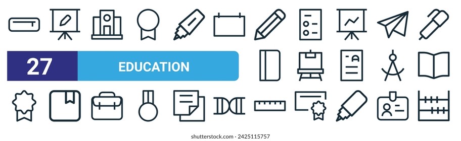 set of 27 outline web education icons such as pencil box, presentations, school building, test paper, easel presentation, notebooks, ruler, abacus toy vector thin line icons for web design, mobile