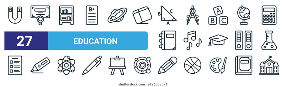 conjunto de 27 iconos de educación web de contorno como magnético, diploma, estantería, brújula de dibujo, musical, iluminador, lápiz, vector escolar, iconos de línea delgada para diseño web, aplicación móvil.