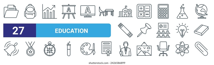 set of 27 outline web education icons such as folder, school bag, graph, calculator, pin, medal of honor, teacher, attachment vector thin line icons for web design, mobile app.