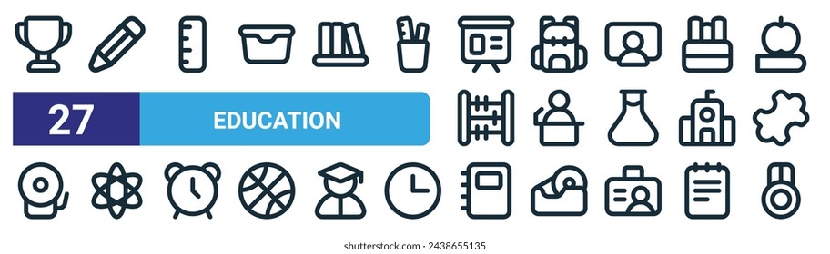 set of 27 outline web education icons such as trophy, pencil, ruler, school bag, public speaking, atomic, notebook, medal vector thin line icons for web design, mobile app.