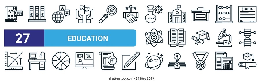 set of 27 outline web education icons such as coding book, binder, translate, school, book, table, saturn, bachelor vector thin line icons for web design, mobile app.