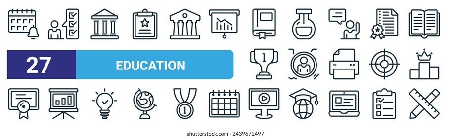 Set von 27 Outline Web Education Icons wie Erinnerung, Umfrage, Universität, Wissenschaft, Benutzer, Präsentation, Online-Kurse, Lineal und Bleistift Vektor dünne Linie Icons für Web-Design, mobile App.