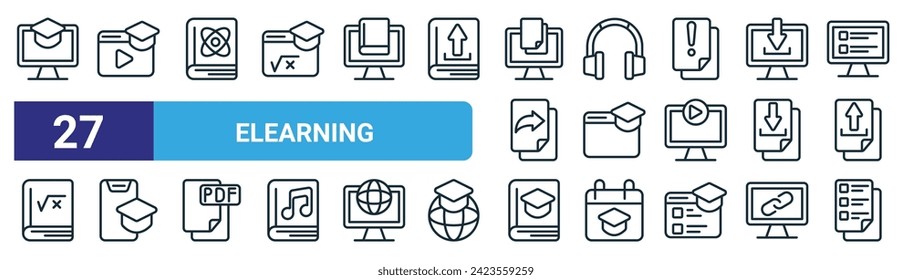 set of 27 outline web elearning icons such as elearning, video, science book, head, learning, elearning, exam vector thin line icons for web design, mobile app.