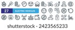 set of 27 outline web electric vehicles icons such as car, car key, eco battery, taxi cab, charging location, rechargeable, no oil, electric bicycle vector thin line icons for web design, mobile