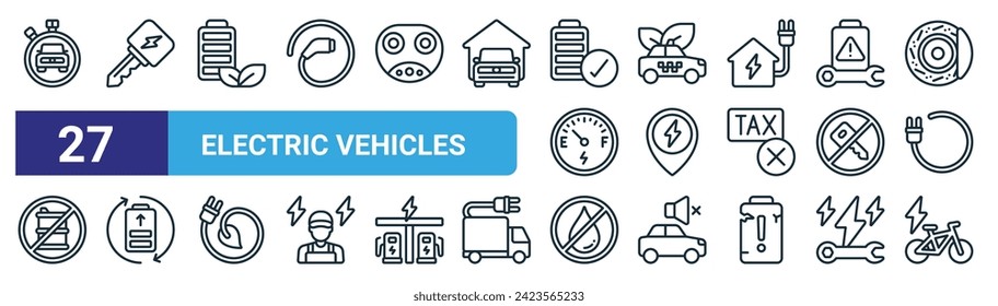 Set von 27 Umriss-Web-Elektrofahrzeuge Symbole wie Auto, Autoschlüssel, Öko-Batterie, Taxi-Taxi, Ladeort, wiederaufladbares, kein Öl, Elektro-Fahrrad Vektor dünnen Linie Symbole für Web-Design, mobile