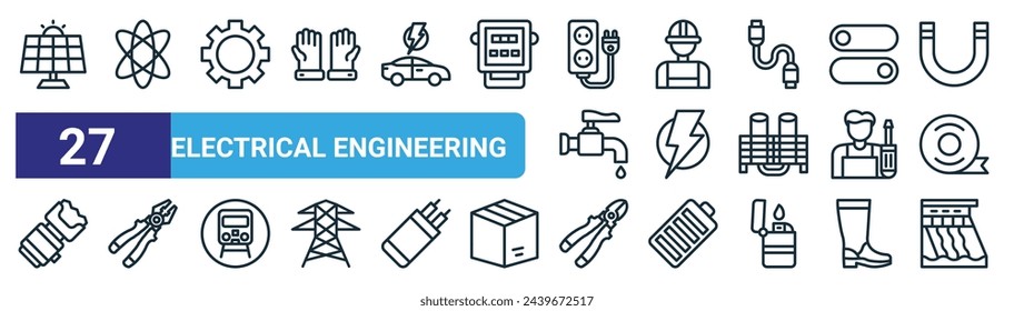 Satz von 27 Umriss-Web-Elektrotechnik-Symbole wie Solarpanel, Atom, Getriebe, Ingenieur, Beleuchtung, Zange, Drahtschneider, Hydroelektrizitätsvektor dünne Linie-Symbole für Web-Design, mobile App.