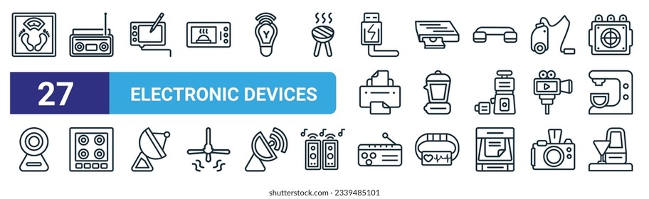 set of 27 outline web electronic devices icons such as weighing, boombox, graphic tablet, dvd player, pertor, hot plate, radio, ice cream maker vector thin line icons for web design, mobile app.