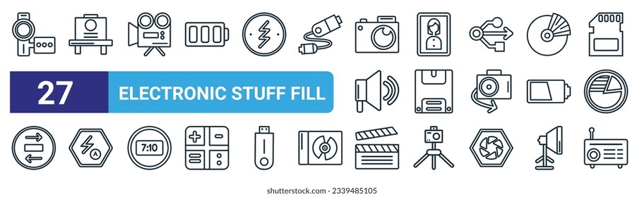 Set von 27 Umrissen Web-elektronischen Zeug füllen Symbole wie praktische Kamera, alte Kamera, Videokamera, Portrait, Diskette, Auto-Flash, Klappbrett, Radio-Vektorgrafik dünnen Linie Symbole für Web-Design, mobile