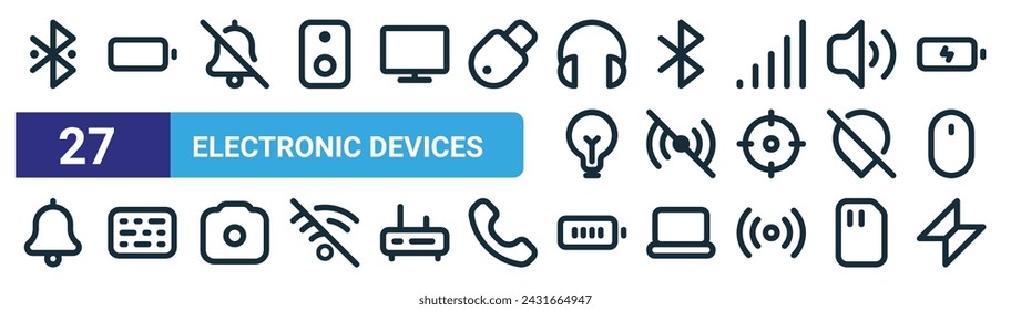 Set von 27 Outline Web Electronic Geräte Icons wie, Batteriestatus, Kein Alarm, Keine Verbindung, Tastatur, Batterie voll, Aufhellung Vektor dünne Linie Icons für Web-Design, Mobile