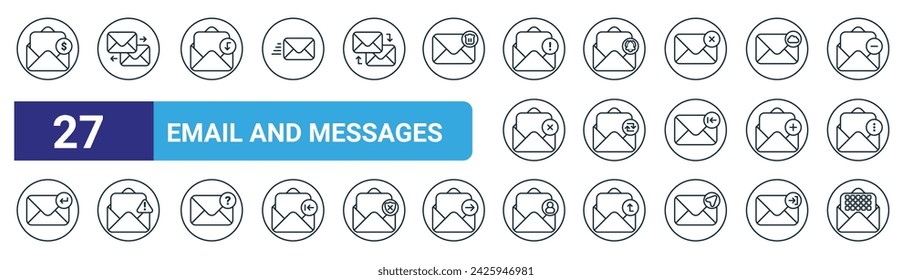 set of 27 outline web email and messages icons such as dollar envelope, exchange mails, receive mail, mail, exchange mails, error message, mail, email vector thin line icons for web design, mobile