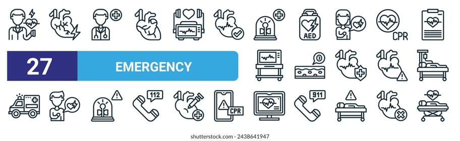 set of 27 outline web emergency icons such as stimulate, electric shock, doctor, pacemaker, blood cell, man, computer, patient vector thin line icons for web design, mobile app.