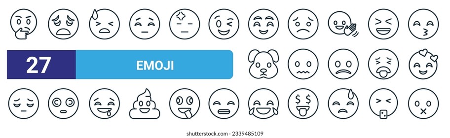 set of 27 outline web emoji icons such as thinking emoji, tired emoji, desperate silent hypnotized laughing muted vector thin line icons for web design, mobile app.