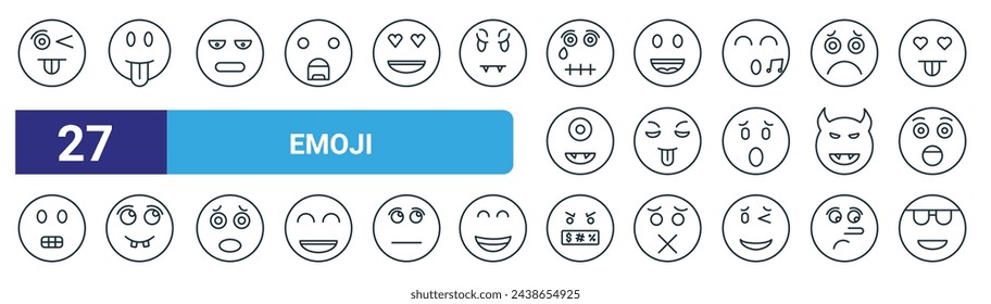 set of 27 outline web emoji icons such as wink, wink, bored, happy, tongue out, ugly, swearing, sunglasses vector thin line icons for web design, mobile app.