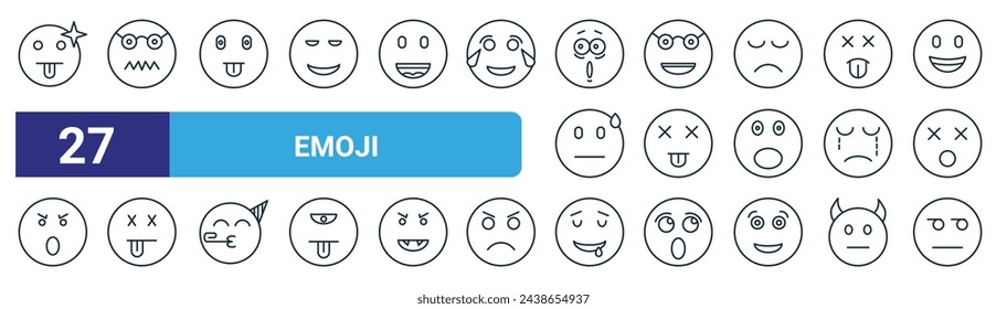 conjunto de 27 iconos de emoticonos web esquemáticos como lengua fuera, nerd, lengua fuera, gafas, noqueado, mareado, babeo, iconos de línea delgada vector unamused para diseño web, aplicación móvil.