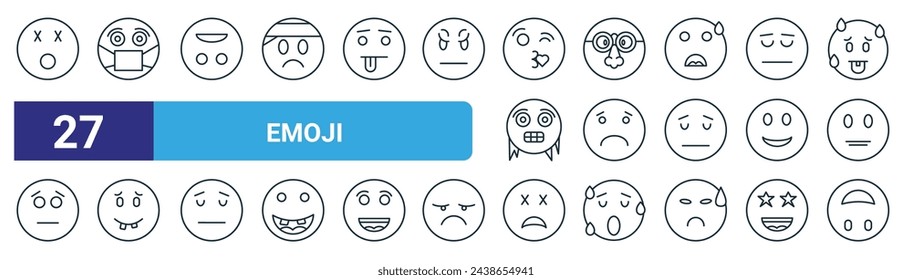 Set von 27 Outline Web Emoji Icons wie Schwindel, krank, kopfüber, Verkleidung, besorgt, hässlich, tot, kopfüber Vektor dünne Linie Icons für Web-Design, mobile App.