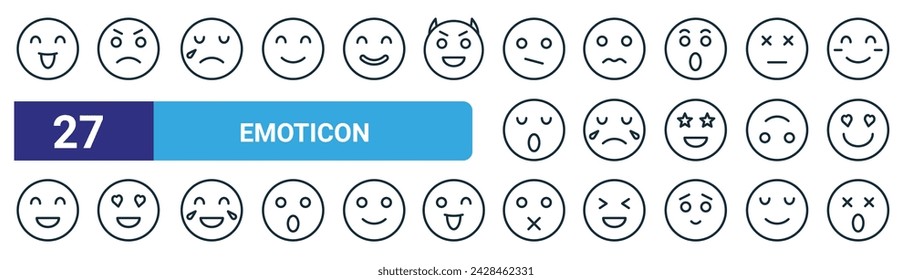 set of 27 outline web emoticon icons such as happy, angry, sad face, sad face, sad face, in love, silent, surprised vector thin line icons for web design, mobile app.