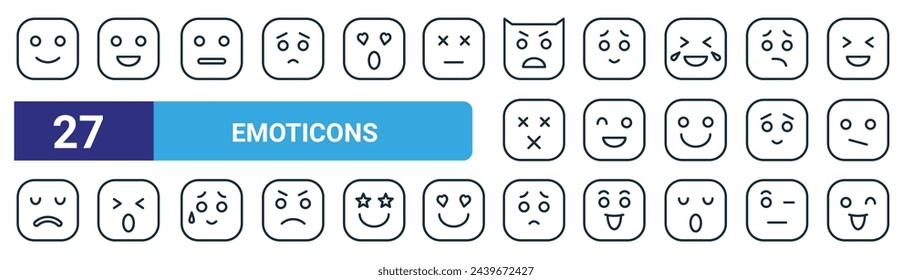 set of 27 outline web emoticons icons such as happy, happy, shock, worry, happy, annoyed, worry, vector thin line icons for web design, mobile app.
