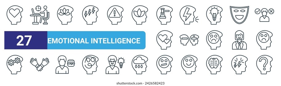 Set von 27 Skizzen Web emotionale Intelligenz Symbole wie emotionale Intelligenz, beschäftigt, Meditation, Missbrauch, bipolar, gekreuzt, meh, betroffenen Vektor dünne Linie Symbole für Web-Design, mobile App.