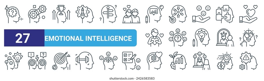 set of 27 outline web emotional intelligence icons such as de, adapt to change, motivation, concentration, emotions, conflict, de, risk analysis vector thin line icons for web design, mobile app.